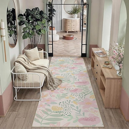 Floral Runner Rug 3x8 Washable Hallway Pink Bedroom Non Slip Cute Long Kitchen Carpet Botanical Indoor Soft Accent Rug for Bathroom Dining Laundry Living Room