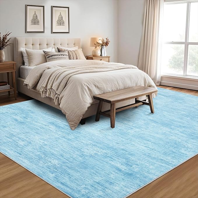 RUGSREAL Washable Rug 10x13 for Living Room Modern Abstract Area Rug Non-Slip Large Contemporary Bedroom Rug Stain Resistant Aesthetic Accent Floor Carpet Foldable Solid Rug for Home Office, Blue