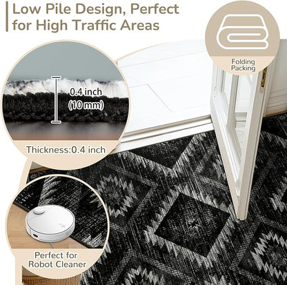 Area Rug 6x9 Rug Machine Washable Non-Slip Low Pile Print Pattern Western Rug for Living Room Bedroom Entryway Tribal Series -Black