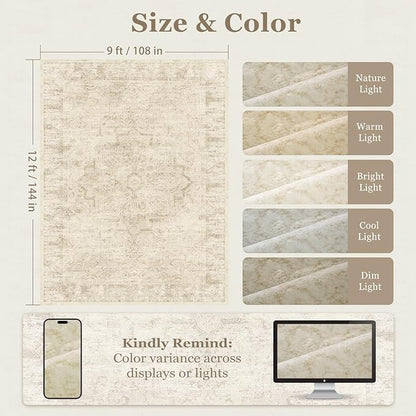Beige Distressed Washable Area Rugs 9x12 Living Room, Farmhouse Medallion Printed Big Carpet Rugs for Bedroom, Washable Non Slip Low Pile Thin Rugs for Dining Room Home Office Natural Color