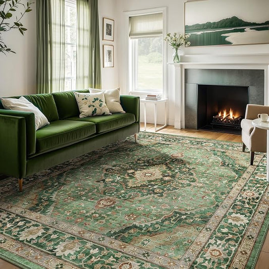 10x12 Green Rugs for Living Room Bedroom, Washable Area Rugs Non Slip Large Rug for Dining Room Office, Floor Decoration Vintage Boho Big Rug Carpet Low-Pile Kid & Pet Friendly