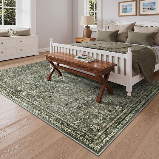 Lahome Sage Green Area Rug 6x9, Machine Washable Rugs for Living Room, Boho Vintage Soft Bedroom Carpet for Dining Room Nursery Apartment Office, Dark Green