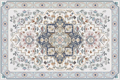 Phantoscope Washable Area Rug 6'x9' Non-Slip, Vintage Boho Rugs for Living Room, Bedroom, Dining Room, Persian Floral Medallion Pattern, Low-Pile Foldable Floor Carpet, Ivory Blue/Garden Bloom