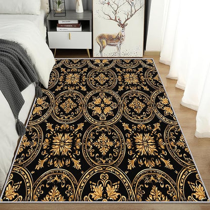 Black Gold Baroque Rug, Washable 4x6 Rug for Living Room, Floral Geometric Patterned Indoor Carpet, Black Gold Baroque Decor for Home, Bedroom, Soft Non Slip Thin Design FER66