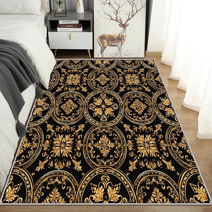 Black Gold Baroque Rug, Washable 4x5 Rug for Living Room, Floral Geometric Patterned Indoor Carpet, Black Gold Baroque Decor for Home, Bedroom, Soft Non Slip Thin Design FER65