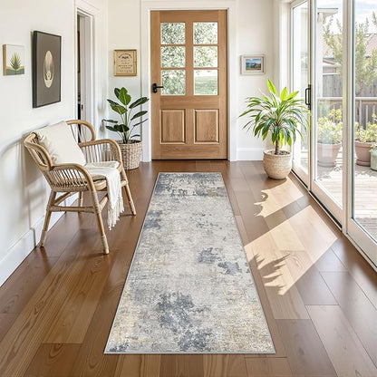 2X6 Washable Runner Rug for Hallway: Soft Neutral Modern Abstract Area Rug - Non-Slip Low Pile Long Throw Indoor Carpet for Kitchen Entryway Kitchen Bedroom Laundry Bathroom- Blue Grey