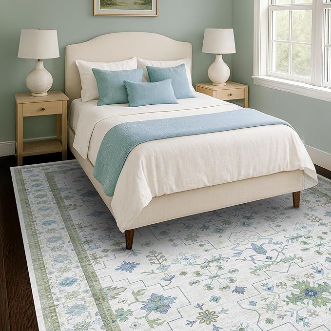 Blue and Green Living Room Rug 8x10 - Cream Oushak Vintage Boho Floral Farmhouse, Washable Low Pile Non-Slip Extra Large Area Rugs for Bedroom, Girls, Boys, Playroom, Lounge