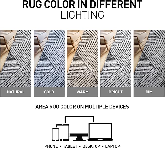 Rugshop Geometric Diamond Stripe Shag Area Rug White 7' 10" x 10' Perfect for Large Living Rooms, Dining Areas, or Master Bedrooms