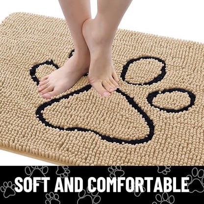 Smiry Dog Door Mat for Muddy Paws, Absorbent Dirt Trapper Non Slip Quick Dry Washable Chenille Mat for Mud Dogs, Entry Rug for Indoor and Outdoor (48x30 Inches, Beige and Black)