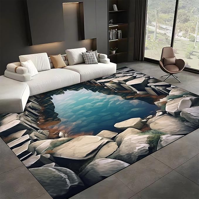 Visual Illusion Canyon Living Room Rug, 5x7ft, 3D Visual Effect Stream Indoor Throw Mat, Stone Crack Ultra Soft Home Decor Carpet, Thin Low Pile Machine Washable Rugs for Entrance
