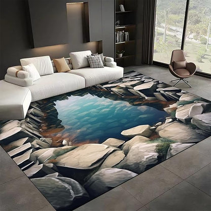 Visual Illusion Canyon Living Room Rug, 3x5ft, 3D Visual Effect Stream Indoor Throw Mat, Stone Crack Ultra Soft Home Decor Carpet, Thin Low Pile Machine Washable Rugs for Entrance