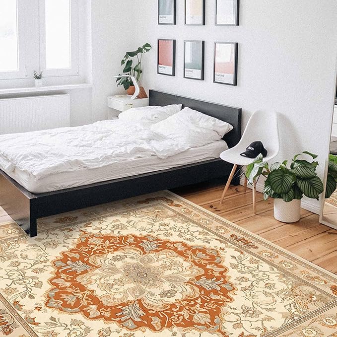 Orange Bohemian Rectangular Area Rugs for Living Room Bedroom 4 x 6 ft Vintage Farmhouse Floral Pattern Non-Shedding Soft Low Pile Rug Non Slip Washable Rug for Nursery Entryway Playroom