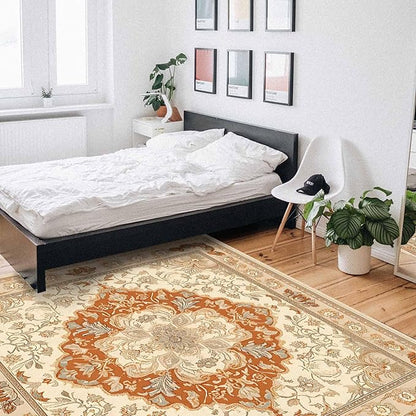 Orange Bohemian Rectangular Area Rugs for Living Room Bedroom 4 x 6 ft Vintage Farmhouse Floral Pattern Non-Shedding Soft Low Pile Rug Non Slip Washable Rug for Nursery Entryway Playroom