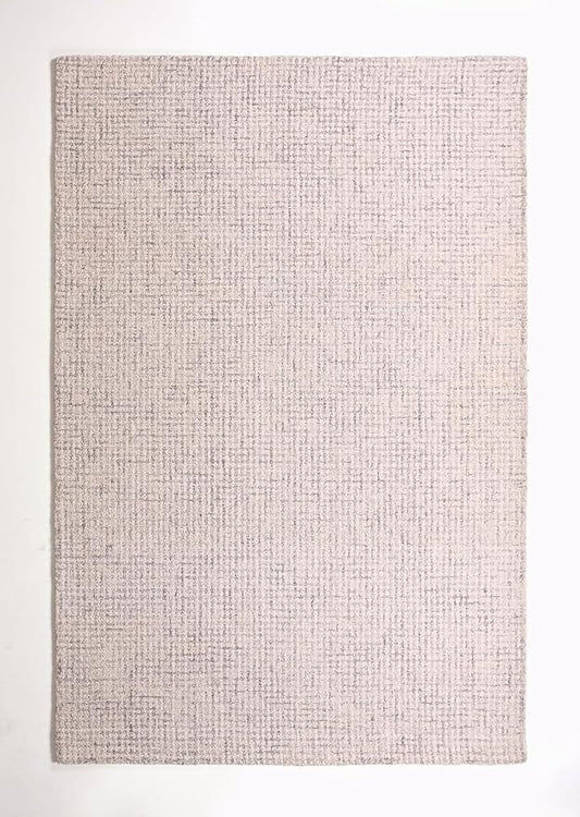 Hand-Tufted 100% Wool Pile Area Rug – Geometric Textured Grid Check Pattern – Thick and Durable Floor Carpet for Bedroom, Living Room, Kids Room, and Dining Area (Ivory Grey, 7' x 7')