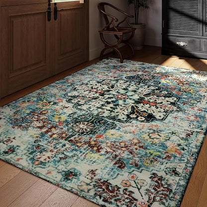 Lahome Area Rugs 6x9, Washable Area Rugs for Living Room Non Slip Bedroom Dining Room Rug, Large Bohemian Soft Stain Resistant Indoor Floor Carpet for Apartment Nursery Kids Room, Teal