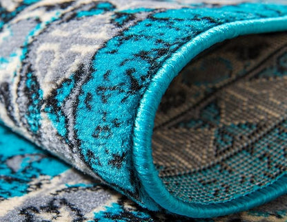 Unique Loom Taftan Collection Border Geometric Tribal Inspired Design Area Rug (2' 2 x 3' 0 Rectangular, Turquoise/ Gray)