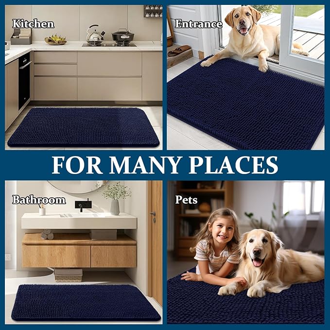 OLANLY Dog Door Mat for Muddy Paws 44x24, Absorbs Moisture and Dirt, Absorbent Non-Slip Washable Doormat, Quick Dry Chenille Mud Mat for Dogs, Entry Indoor Entryway Carpet for Inside Floor, Navy Blue