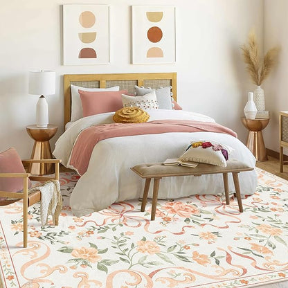Orange Rug Bow Floral 8x10 Rug, Washable Area Rugs for Bedroom Living Room, Dining Room,Kids Room, Office,Playroom, Boho Modern Aesthetic Farmhouse Decor Non Slip Low Pile Carpet