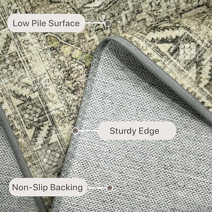 Bavni Runner Rug 2x10, Low Pile Machine Washable Rugs for Hallways, Kitchen, Bedroom, Non Slip Aesthetic Vintage Distressed Print Lightweight Durable Chenille 2x10 Mat, Forgotten Sandstone