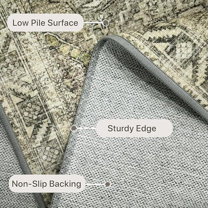 Bavni Area Rug 6x9 Machine Washable Vintage Distressed Print Ultra-Thin Chenille Bedroom Living Room Accent Rug, Low Pile Lightweight Non Slip with Gripper, Forgotten Sandstone