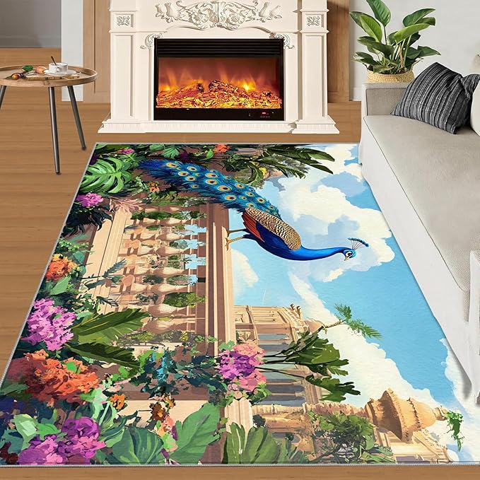 Peacock Rugs for Living Room - 4x5 Rug, Tropical Palm Leaves Area Rugs for Bedroom, Peacock Decor Rug, Floral Animal Washable Carpet, Peafowl Carpet - Peafowl Home Decor & Gifts