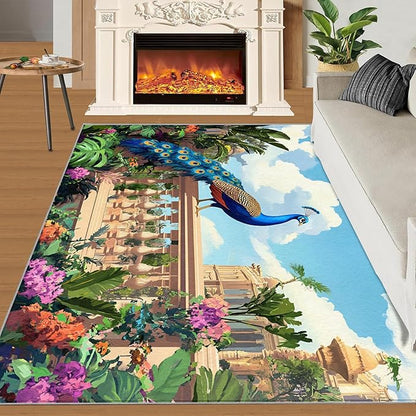 Peacock Rugs for Living Room - 3x5 Rug, Tropical Palm Leaves Area Rugs for Bedroom, Peacock Decor Rug, Floral Animal Washable Carpet, Peafowl Carpet - Peafowl Home Decor & Gifts