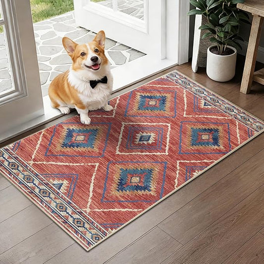 Area Rug 2x4 Rug Machine Washable Non-Slip Low Pile Print Pattern Western Rug for Living Room Bedroom Entryway Tribal Series-Red/Orange