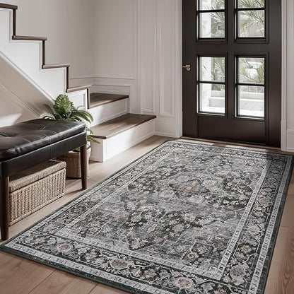 AMOAMI-4X6 Area Rugs for Living Room -Soft Vintage Bedroom Rug-Non Slip Washable Rug-Throw Rugs for Living Room Bedroom Bedside Dining Room Office Dark Grey & Black