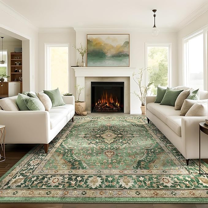 10x14 Rugs for Living Room Bedroom, Washable Green Area Rugs Non Slip Large Rug for Dining Room Office, Floor Decoration Vintage Boho Big Rug Carpet Low-Pile Kid & Pet Friendly