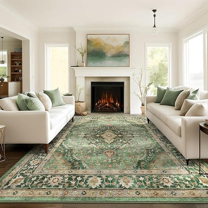 Deerly Green Rug 8x10 Area Rug for Living Room Bedroom Washable Rugs Large Boho 8x10 Rug for Dining Room Carpet Non-Slip Distressed Carpet Rugs Print Floor(Border Green)