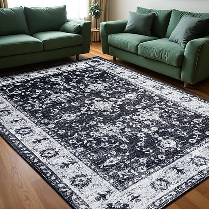 Area Rug for Living Room, 9x12 Machine Washable Non Slip Large Faux Wool Throw Rug, 0.3″ Low Pile & Non-Shedding Boho Large Carpet Rugs for for Dining Room, Bedroom, Office (Black White)