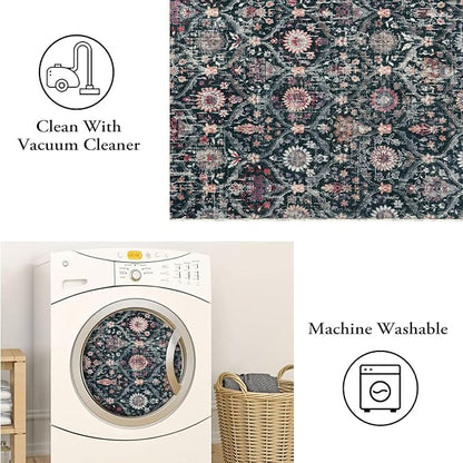 Lahome Moroccan Machine Washable Rugs for Living Room, 4x6 Rug for Bedroom Non-Slip Vintage Trellis Ultra-Thin Throw Carpet for Dining Room Office Nursery, Black/Multi
