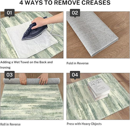 Modern Abstract Runner Rug 2x6, Sage Green Grey Washable Entryway Runner Non-Slip Soft Hallway Rug Runner Thin Print Faux Wool Carpet for Kitchen Bedroom Laundry Room Indoor