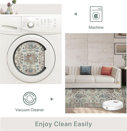 Bavni Area Rug 3x5, Non-Slip Washable Rugs for Living Room Office, Boho Distressed Printed Rug, Low Pile Foldable Decorative Carpet for Bedroom Kitchen Office, Blue/Ivory