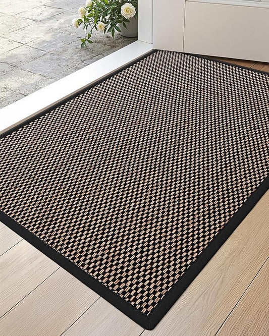 DEXI Ultra Thin Entryway Door Mat 17x30, Non Slip Rubber Backing Inside Entry Mat, Low Profile Easy Clean Dirt Trapper Doormat for Inside Entrance Patio, Black