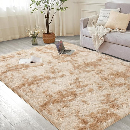 Andency Soft Area Rugs for Living Room Bedroom, 5x8 Fluffy Shaggy Bedside Rug, Non-Slip Large Shag Fuzzy Plush Carpets for Bedroom Kids Dorm Nursery Home Decor Aesthetic, Tie-Dyed Beige