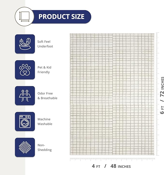 Abani Cream Grid Textured Area Rug - 4' x 6' - Chunky, Plush and Soft Washable Carpet - Perfect for Living Room & Bedroom - Plush Deco Collection