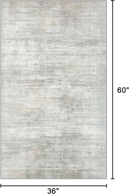 Bavni Washable Rug, Soft Abstract Rugs Non-Slip, Thin Foldable 3x5 Rug, Modern Stain Resistant Area Rug for Living Room, Kitchen, Bedroom, White/Grey