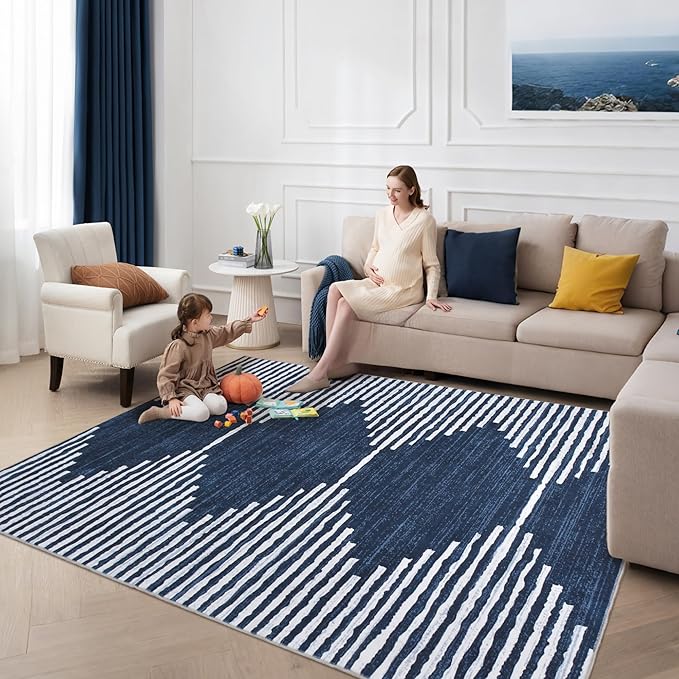 HelloTree Area Rug for Living Room 9x12 Washable Geometric Moroccan Rug Stripe Farmhouse Bohemian Minimalistic Non Slip Non Shedding Ultra Thin Soft Rug for Bedroom Office DiningRoom Nursery-Blue