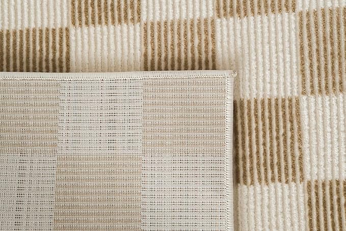 Revival Rugs Gambit 6'7"x9' Checkered Rug Washable Area Rug for Living Room Bedroom - 100% Recycled Oeko-TEX Certified, Medium Pile, Camel, Beige