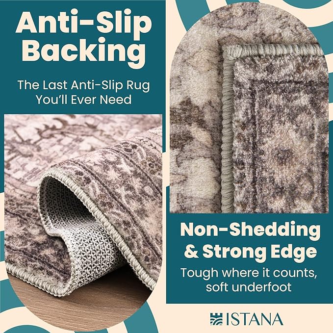 Istana Hallway Runner Rug 2x6 - Beige Grey/Light Cream Kitchen Rugs Non Slip Washable -Silk's Soft Touch Carpet Runner - Stylish Rug for Home