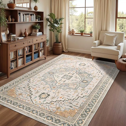 3x5 Grey Beige Area Rug for Living Room, Machine Washable Rugs with Non-Slip Backing for Bedroom, Vintage Medallion Carpet Kitchen Laundry Kids Room Decor