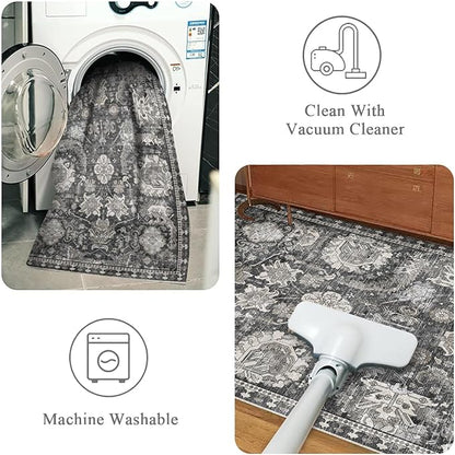 RUGSURE Washable Area Rugs - Perfect for Living Room, Bedroom, Kids Room, Nursery - Stain & Water Resistant Non-Slip, Pet & Child Friendly, Vintage Tribal Area Rugs (Grey, 4' x 6')