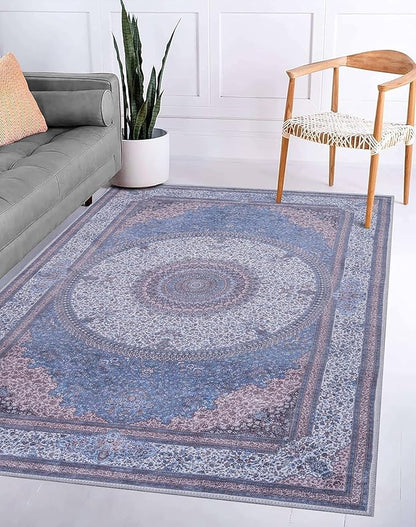 GLN Rugs Traditional Collection - Machine Washable Area Rug, Traditional Washable, Non Slip, Low Pile Chenille Rug, Living Room, Bedroom, Kitchen Rug (2' x 3' Navy/Off White)