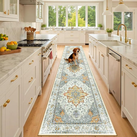 Area Rugs 3'x10' Washable Non-Slip, Floral Vintage Distress Print Pattern Medallion Carpet for Living Room Bedroom Dining Room, Light Yellow Carbon Grey Orange