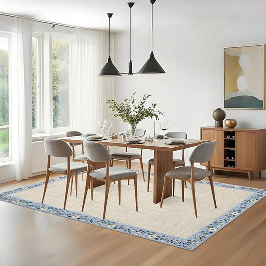 GarveeHome 4x6 Area Rugs for Bedroom Living Room Machine Washable Rugs Floral Bordered Small Carpet Non-Slip Stain Resistant Accent Carpet for Dining Room Table Apartment Office, Beige