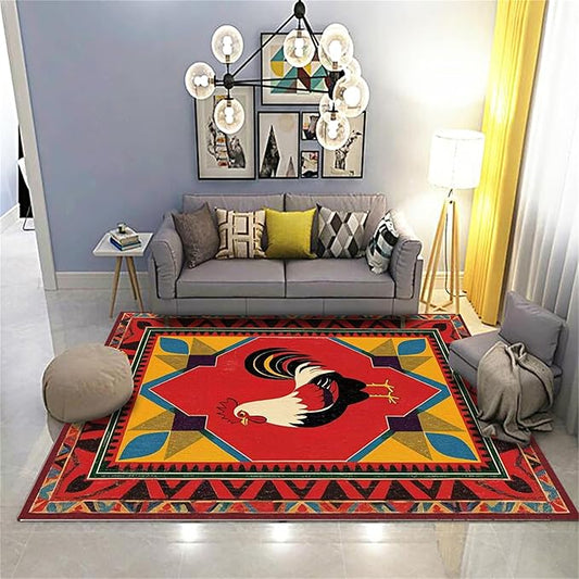 Country Rooster Rugs，5x8ft,Colorful Geometric Rooster Pattern Rug，Rooster Pattern Colorful Rug. Ethnic Vintage Design Non-Slip Washable Floor Mat for Living Room Bedroom Farmhouse Home Office