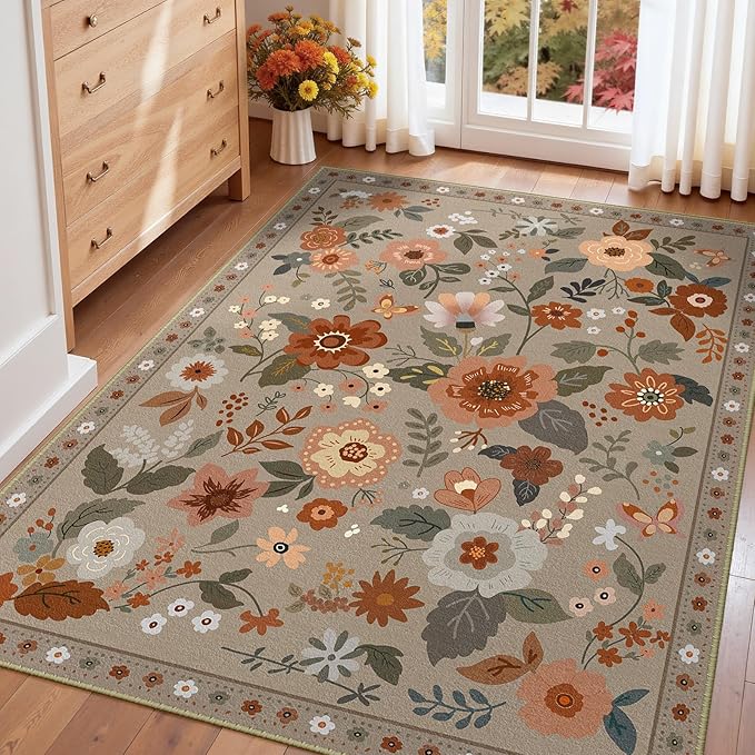 Floral 4x6 Area Rug Machine Washable Soft Print Boho Carpet Non Slip Doormat Low Pile Flower Area Rugs for Living Room Bedroom Nursery Kitchen Dining Room Indoor-Brown/Brick