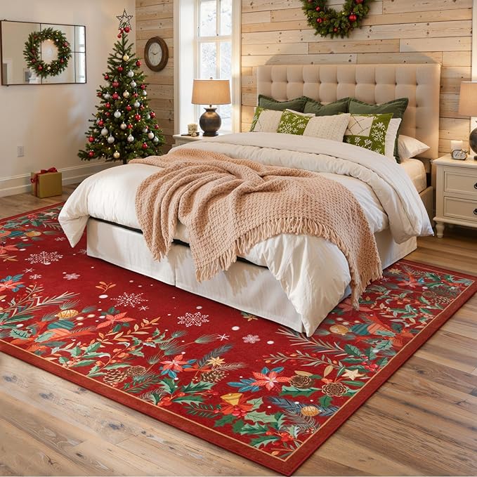Wonnitar Christmas 8x10 Area Rugs for Living Room, Low Pile Soft Large Bedroom Rug, Non-Slip Washable Red Floral Snowflake Holiday Decor Floor Carpet for Dining Room(Christmas Red,8'x10')