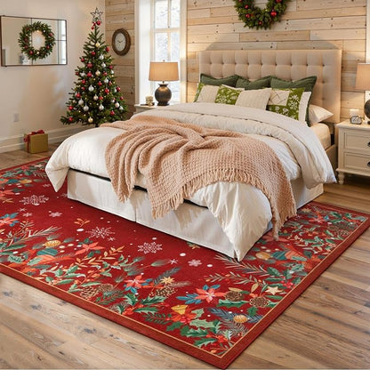 Wonnitar Christmas 8x10 Area Rugs for Living Room, Low Pile Soft Large Bedroom Rug, Non-Slip Washable Red Floral Snowflake Holiday Decor Floor Carpet for Dining Room(Christmas Red,8'x10')